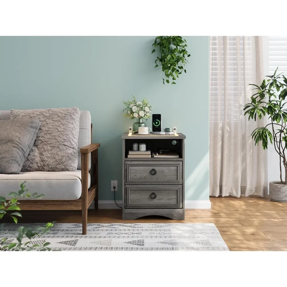Nightstand with Strip Lights,USB Outlets Set of 2, NightStand with Drawers, Accent BedSide Table and End Table Open Storage