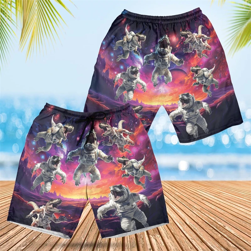 

Dinosaur Graphic Short Pants For Men Clothes Hawaiian Cartoon Wild Animal Tyrannosaurus Rex 3D Printed Beach Shorts Kids Trunks