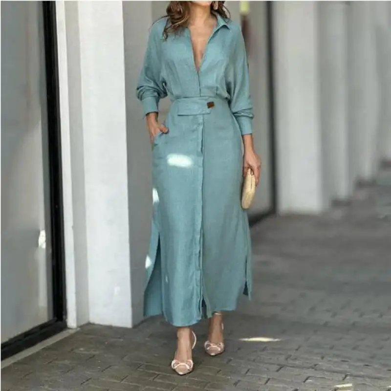 

Fashion Pure Color Long Sleeve Casual Slit Women Shirt Dress Spring Lady Streetwear Dresses Pockets Lapel Vestidos Elegantes