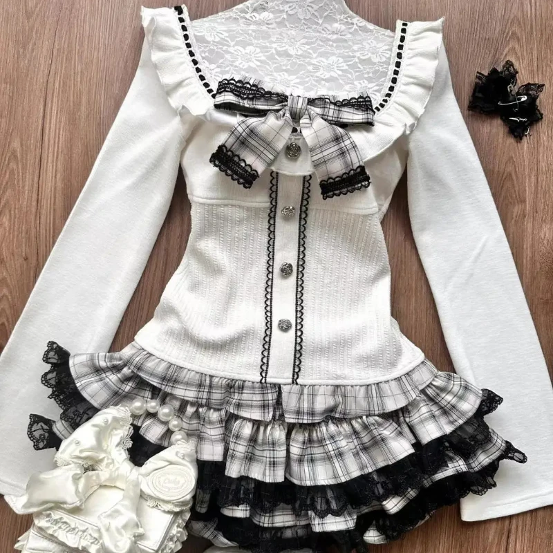 Elegant Vintage Suits Women Sweeet Bow Slim Knitted Cardigan Coats + Lace Mini Skirts Japanese Kawaii 2 Piece Sets Y2k Clothing 4