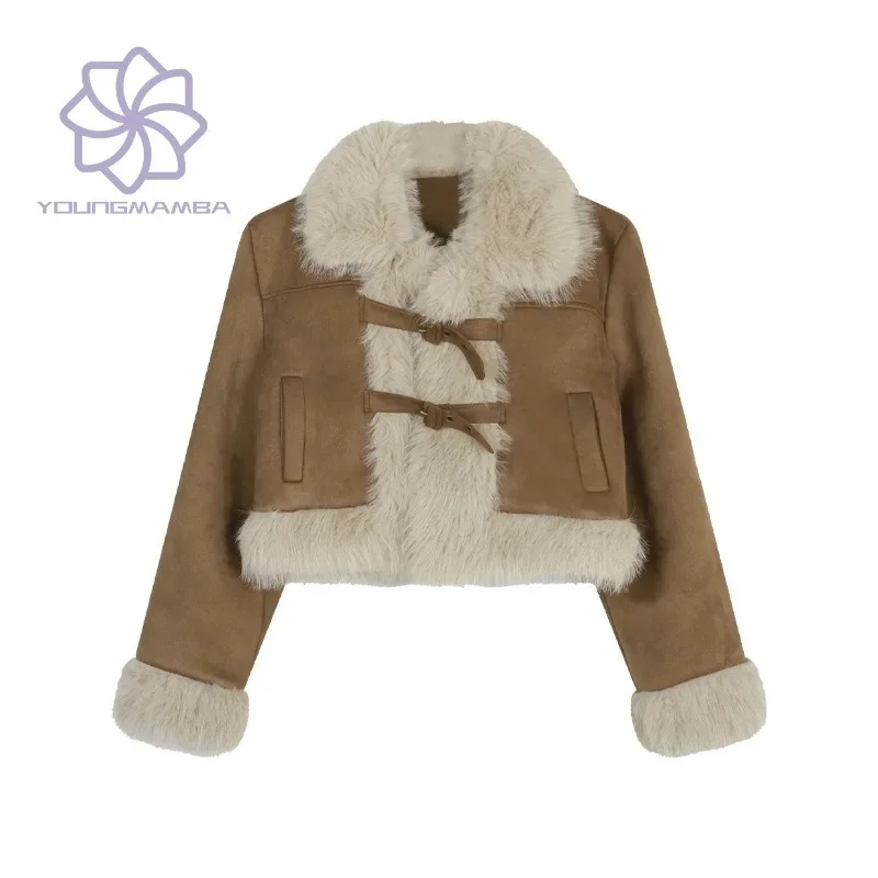 

Women's Suede Patchwork Short Jacket 2023 Winter Korean Style Long Sleeve Tops Female Solid Thick Warm Coats