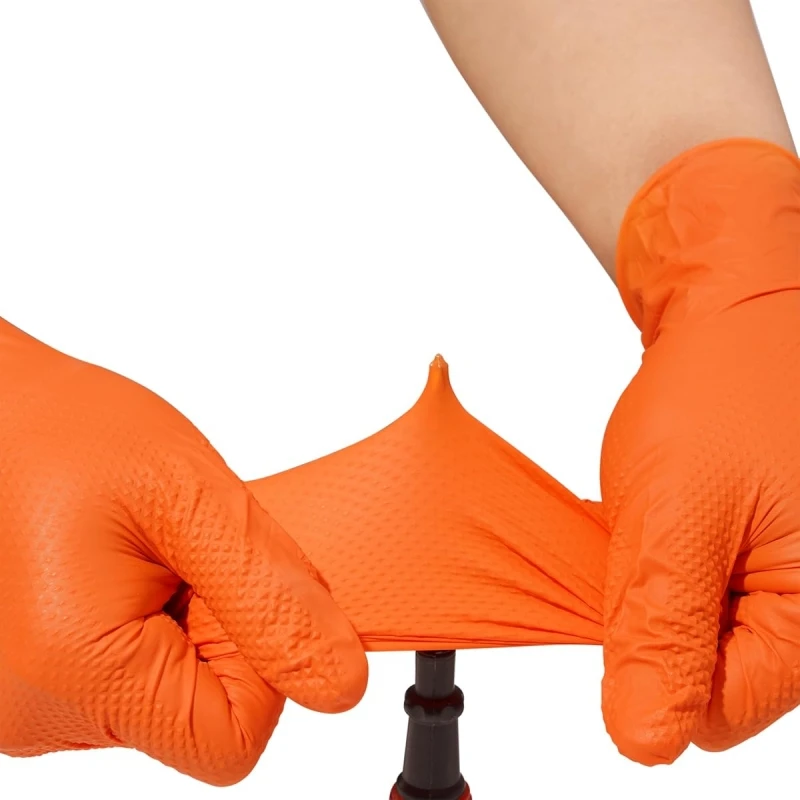 Work Gloves 8Mil Heavy Duty Orange Nitrile Disposable Gloves Diamond Texture Grip for Mechanic Industrial Cleaning