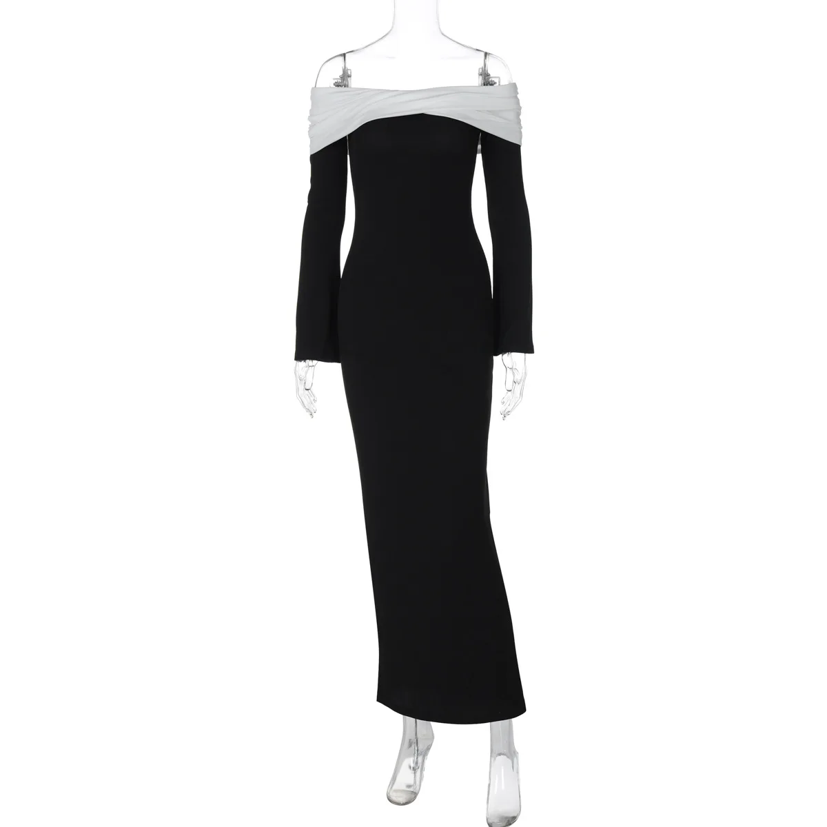 Elegant Contrast Slim Maxi Dress Female Off-Shoulder Fashion Twist Long Sleeve Patchwork Dress Ladies Party Dress Clothes