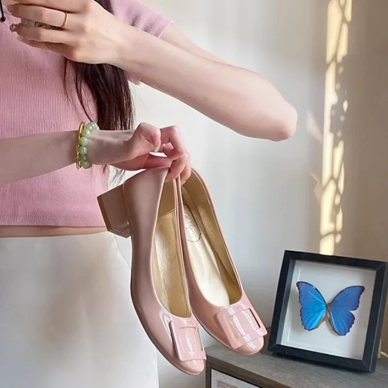 우아한 누드 핑크 스퀘어 버클 하이힐 여성용 슈즈 시크한 메리 제인즈 요정같은..