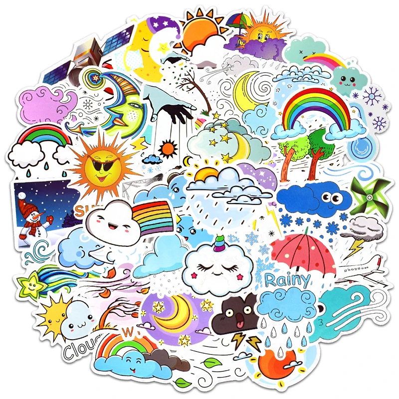 50Pcs Lovely Cloud Sun Rainbow Cartoon Adesivi Per Bottiglia D'Acqua Laptop Phone Car Diary Album Adesivi Impermeabili Pack Kids Diy