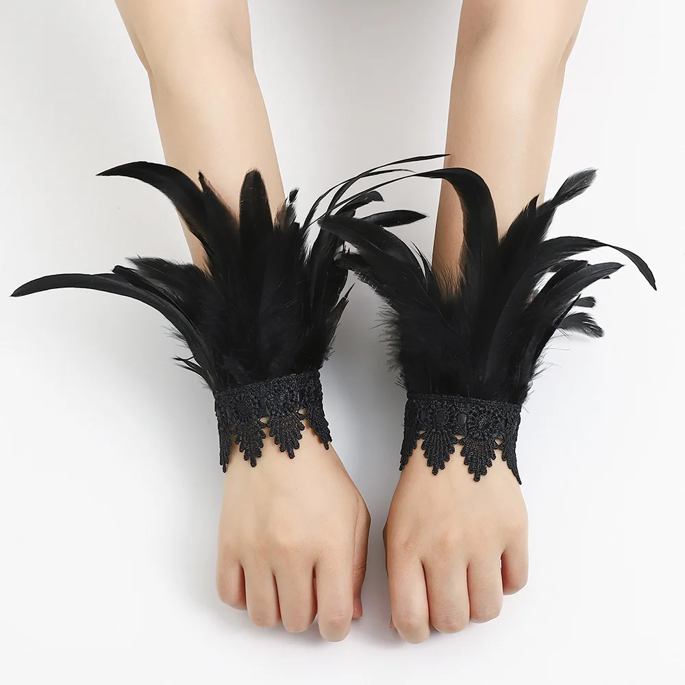Natural Feather Sleeve Cuffs lace gloves Party Cosplay Lace Wrist Cuffs Fur Sleeve Accessories Carnival Stage Show Costume