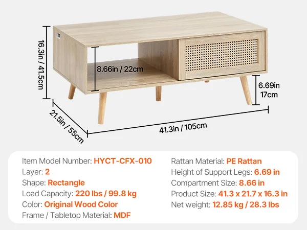 Rattan Coffee Table with Storage for Home