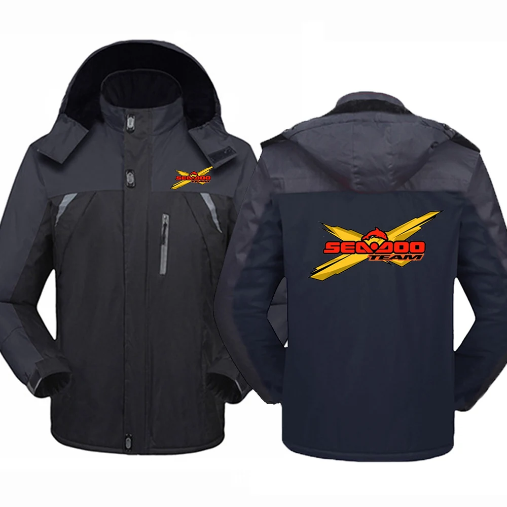 

2023 Winter New Sea Doo Seadoo Moto Logo Print Hat Detachable Hooded Zip Thicken Warm Patchwork Cold Prevention Windbreaker Coat