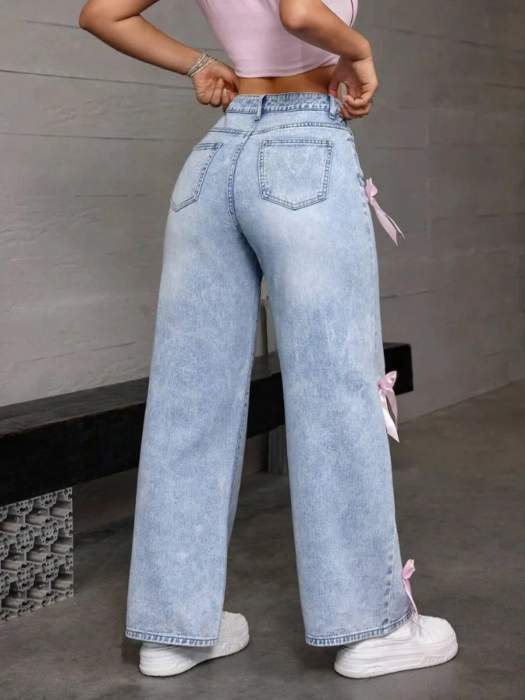 HOUZHOU Women Casual Bowknot Decor Jeans Y2k Blue Baggy Denim Trousers Loose Straight Sweet Coquette Aesthetic Washed Jeans 3