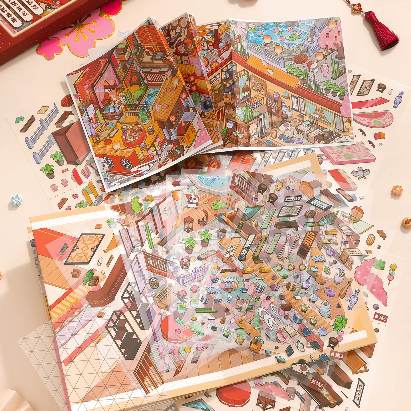고대 스타일 풍경 긴 접이식 3D 풍경 스티커, 수제 작품, DIY 스크랩북에 사용