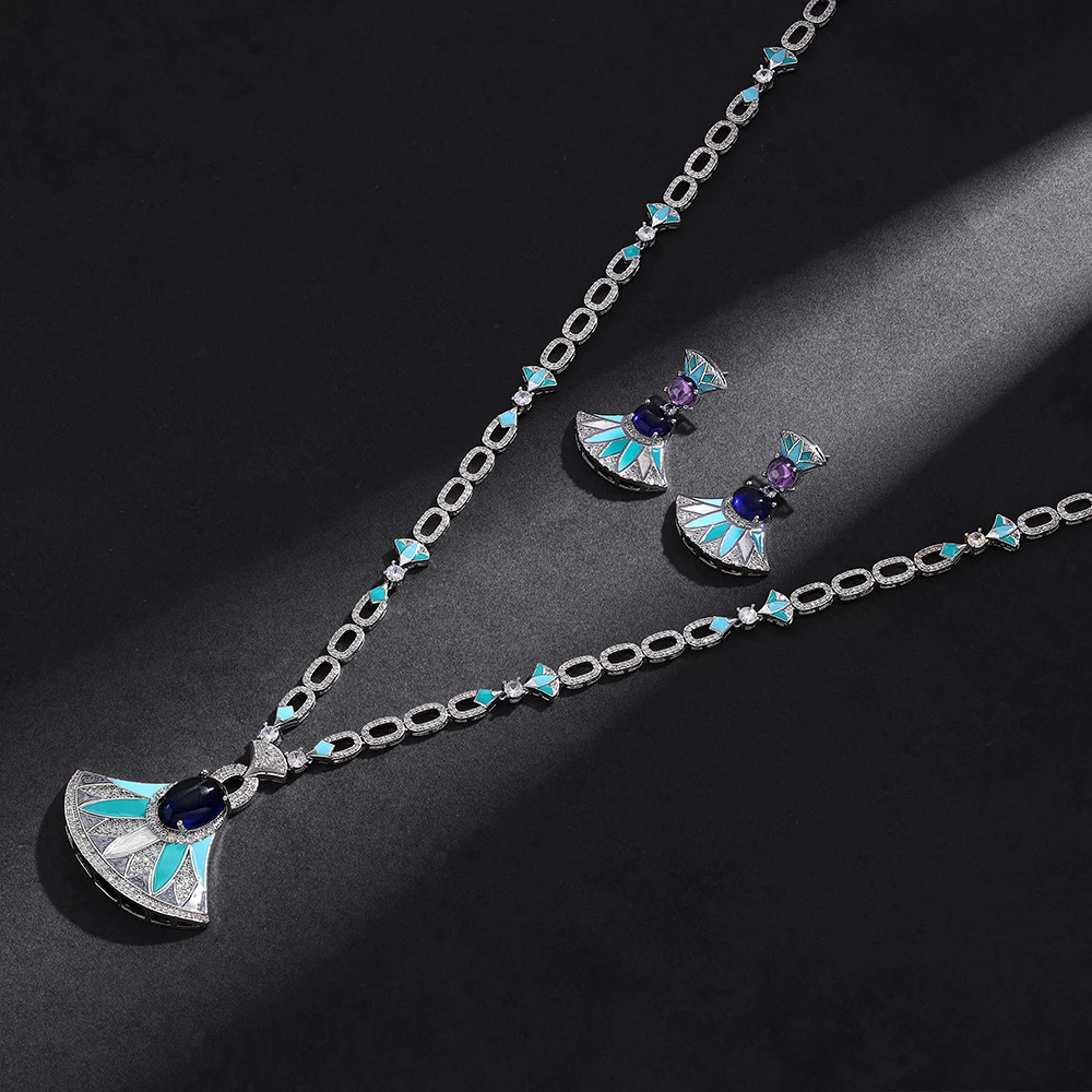 Turquoise Long Chain Wedding Jewelry Sets for Women 2PCS Necklace Earrings Set Accessories S9d4e33864110488a966d5c7f17160e8cX