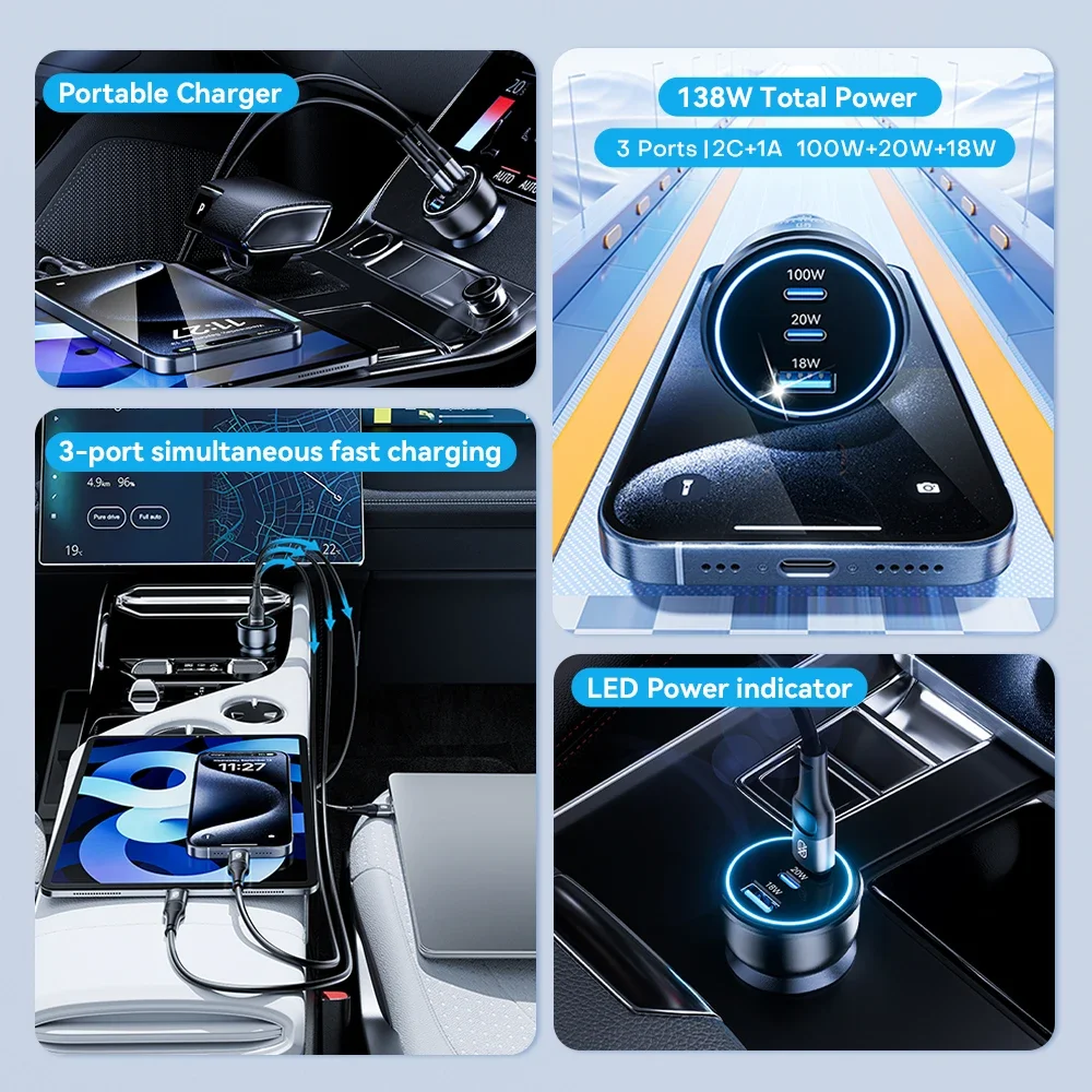 Caricabatteria per auto da 138 W USB veloce tipo C carica per telefono per auto 100 W 65 W 45 W 35 W PD3.0 PPS per iPhone 14 15 laptop Samsung Tabet adattatore per auto - Image 2