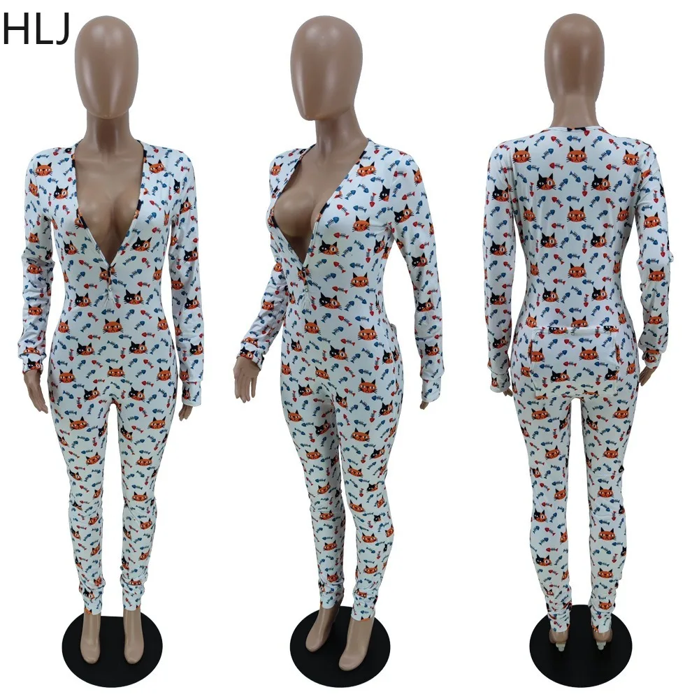 HLJ Fashion Christmas Cartoon Print Jumpsuit Women V Neck Zipper Back Hollow Out Playsuits Casual Female Slim Overalls Pajamas