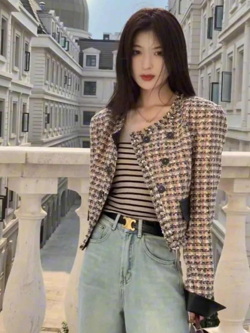 

French Plaid Woven Tweed Jacket Women Korean Round Neck Tassel Double Breasted Temperament Celebrity Slim Spring Fashion Coat