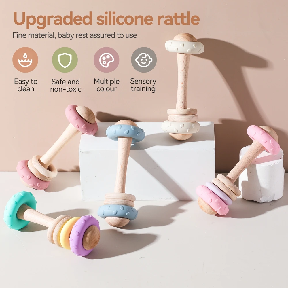 Baby Toys Wooden Rattles Silicone Ring Baby 0 12 Months Toys Rattles Teether Sensory for Wooden Teether for Gifts