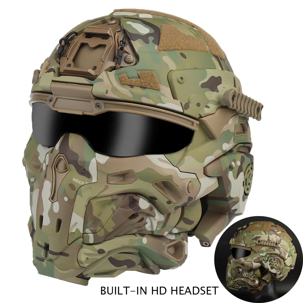 HUTRADE Taktischer Airsoft Helm - Mit Headset, Vollgesichtsmaske & Anti-Fog-Lüfter