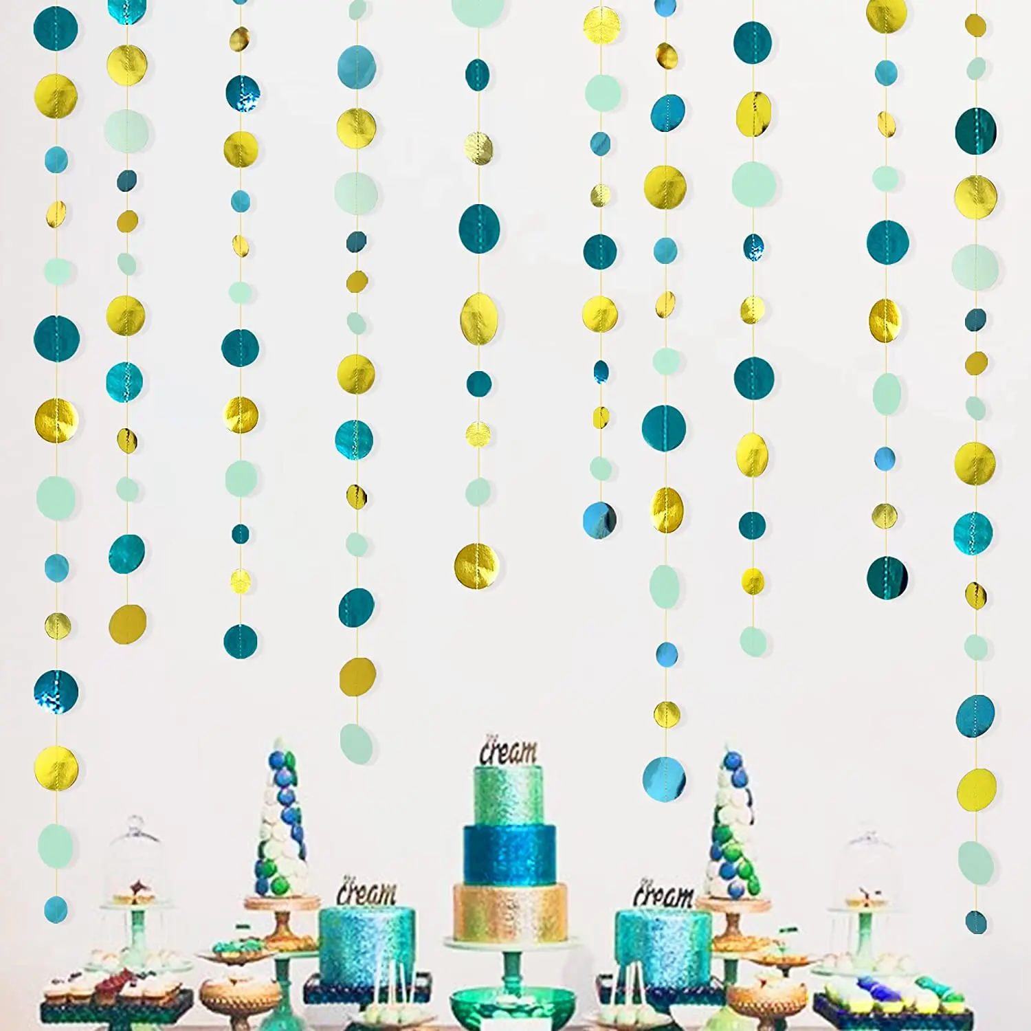 13 Fuß grau blau grün silber Papier Kreis Girlanden Dekorationen für rustikale Hochzeit Geburtstag Party Dekor Wandbehang Punkte Streamer – Detail 39