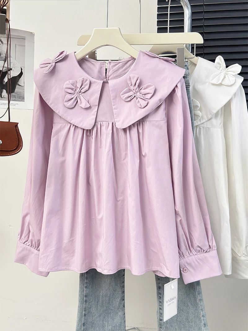 

Korean Fashion Blusas Mujer De Moda 2024 Peter Pan Collar Stereo Flower Design Sense Blouses Pleated Solid Color Vintage Shirts