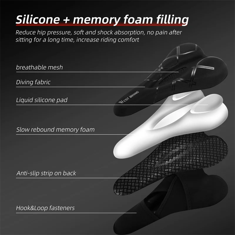 WEST BIKING Soft Bicycle Gel Saddle Cover High Rebound Memory Foam Comfortable Breathable Painless Seat Cushion With Rain Cover