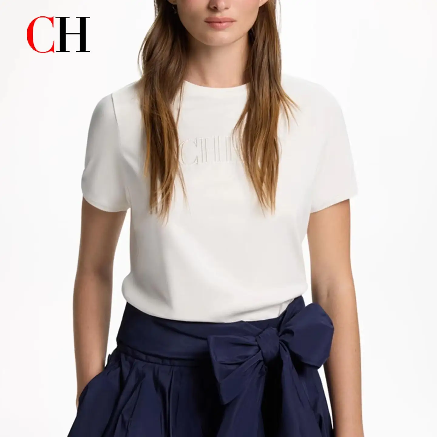 CH Günstige Kleidung - Damen Kurzarm-Rundhals-Baumwoll-T-Shirt mit Schriftzügen - Lässiger koreanischer Street-Style - Ästhetisches Oberteil