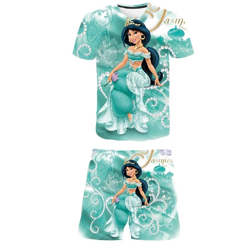 

2023 Disney Princess Jasmine Clothing Suit Girls Short Sleeve T Shirts Elastic waist Shorts Clothes Set 2Pcs Clothing Suit