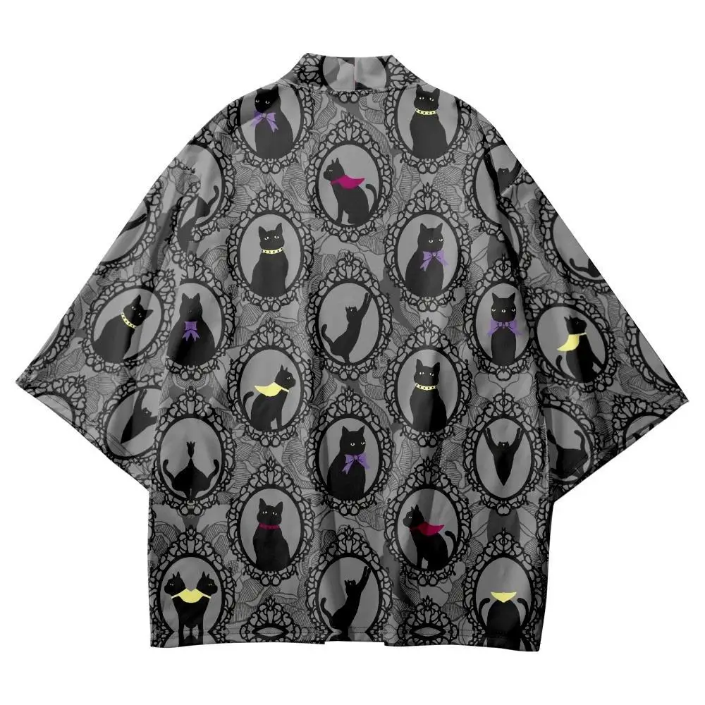 

Summer Casual Losse Yukata Harajuku Cardigan Cute Black Cat Printed Japanese Kimono Beach Shorts Streetwear