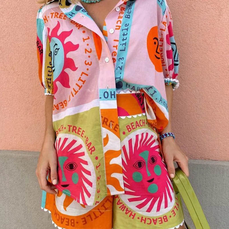 Women's Y2K Summer 2 Pieces Outfits Sets Aesthetic Sun Print Short Sleeve Lapel Shirts Tops + Elastic Waist Shorts - Image 5