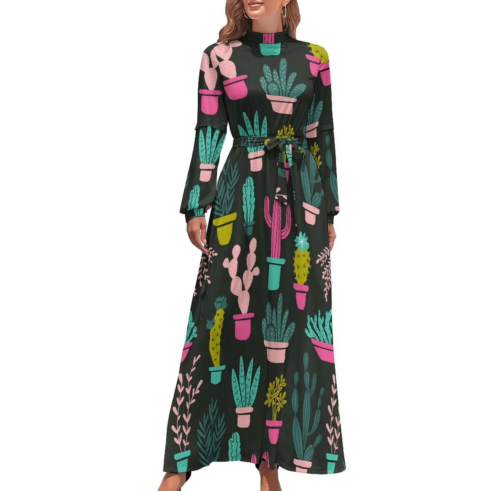 

Funny Cactus Dress Cacti Plants Print Sexy Custom Maxi Dress High Neck Long Sleeve Korean Fashion Boho Beach Long Dresses