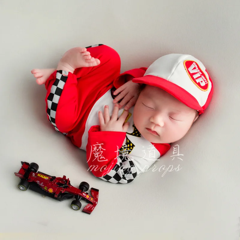 Dvotinst Newborn Baby Boys Photography Props F1 Racing Costume Overalls One-piece Outfits Caps 2pcs Studio Shooting Photo Props