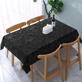 Tovaglia rettangolare nera con fiore teschio gotico, tovaglia in poliestere lavabile per decorazioni da pranzo per picnic, feste in cucina 1