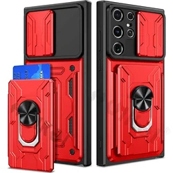 Shockproof Protective Wallet Case with Slide Camera Covers and Card Holder - Samsung S22 Plus (Red)
