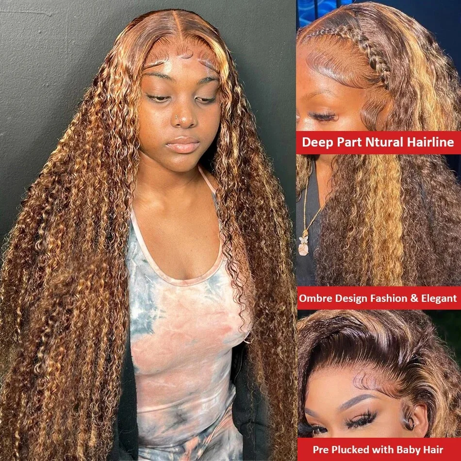 HD 13x6 Highlight Wig Human Hair Honey Blonde Brown Lace Front Wigs Deep Curly Human Hair Wig Water Wave 13x4 Lace Frontal Wig