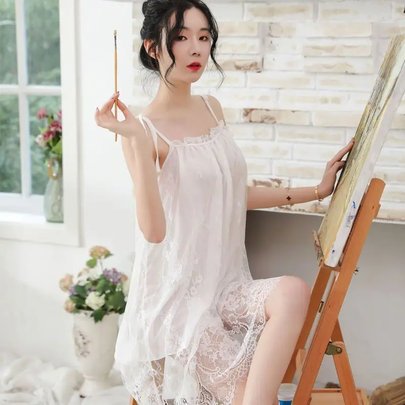 여성용 레이스 슬립 원피스 잠옷 홈웨어 섹시한 한국 귀여운 잠옷, 수면 잠옷 매우 섹시한 실크 신제품 신상원피스 여름잠옷 한국인 리뷰 많은 잠옷 홈웨어 시스루 공주잠옷 슬리브리스