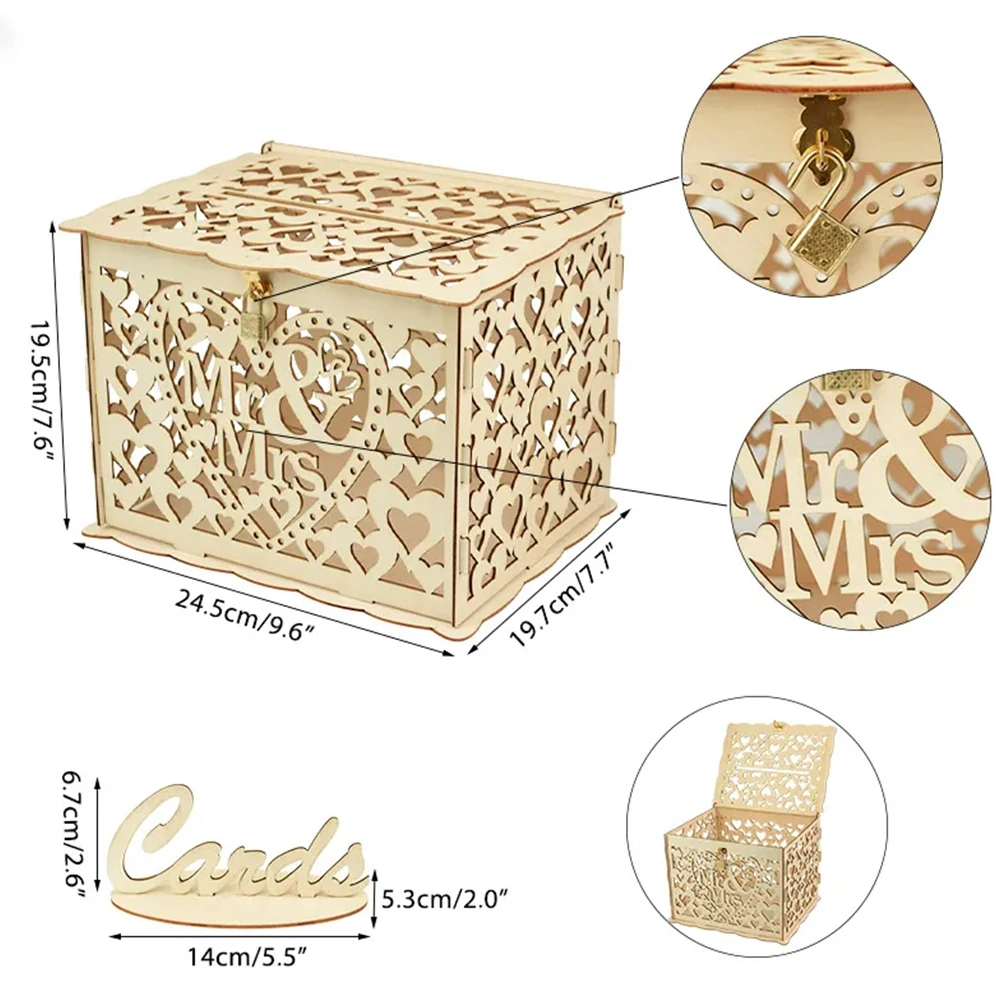 Wedding Card Box Carved Openwork Wooden Lock Mr&Mrs DIY Couple Love Pattern Envelope Sign Cards Decoration Party Supplies wooden gift card boxes wedding place cards