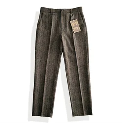 Men's Retro Tweed Striped Gentleman Trousers Wool Straight Trousers Amekaji Vintage Pants