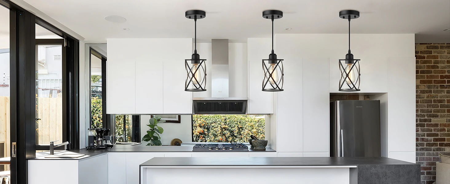 Description Picture 5 of item2 Pack Mini Glass Pendant Light for Kitchen, Cage Pendant Lighting in Black Finish with Clear Glass, Adjustable Length