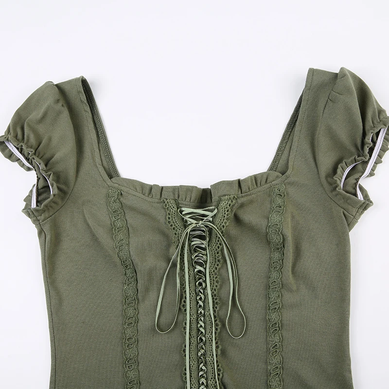 Camiseta corta verde vintage para mujer, con volantes, cuello cuadrado Y2K, estilo grunge, camiseta sexy y elegante de manga corta, ropa de calle