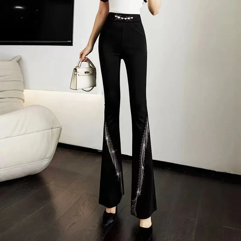 

Heavy Industry Diamond Chain High Waist Micro Flare Pants For Women 2024 New Add Velvet Casual With Tassels Trousers Female