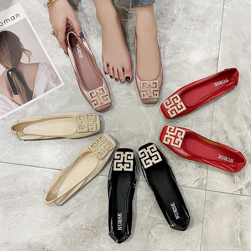 Women loafers rhinestones buckle flats ballet shoes women slip on shallow mouth moccasins elegant women's loafers party leather ballerina