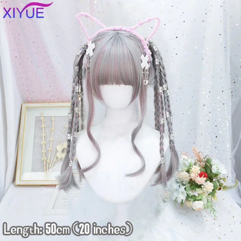 XIYUE Grey Highlights Pink Long Curly Synthetic Wig Female Punk Style Lolita Straight Bangs Long Curly Hair Cosplay Party Wig
