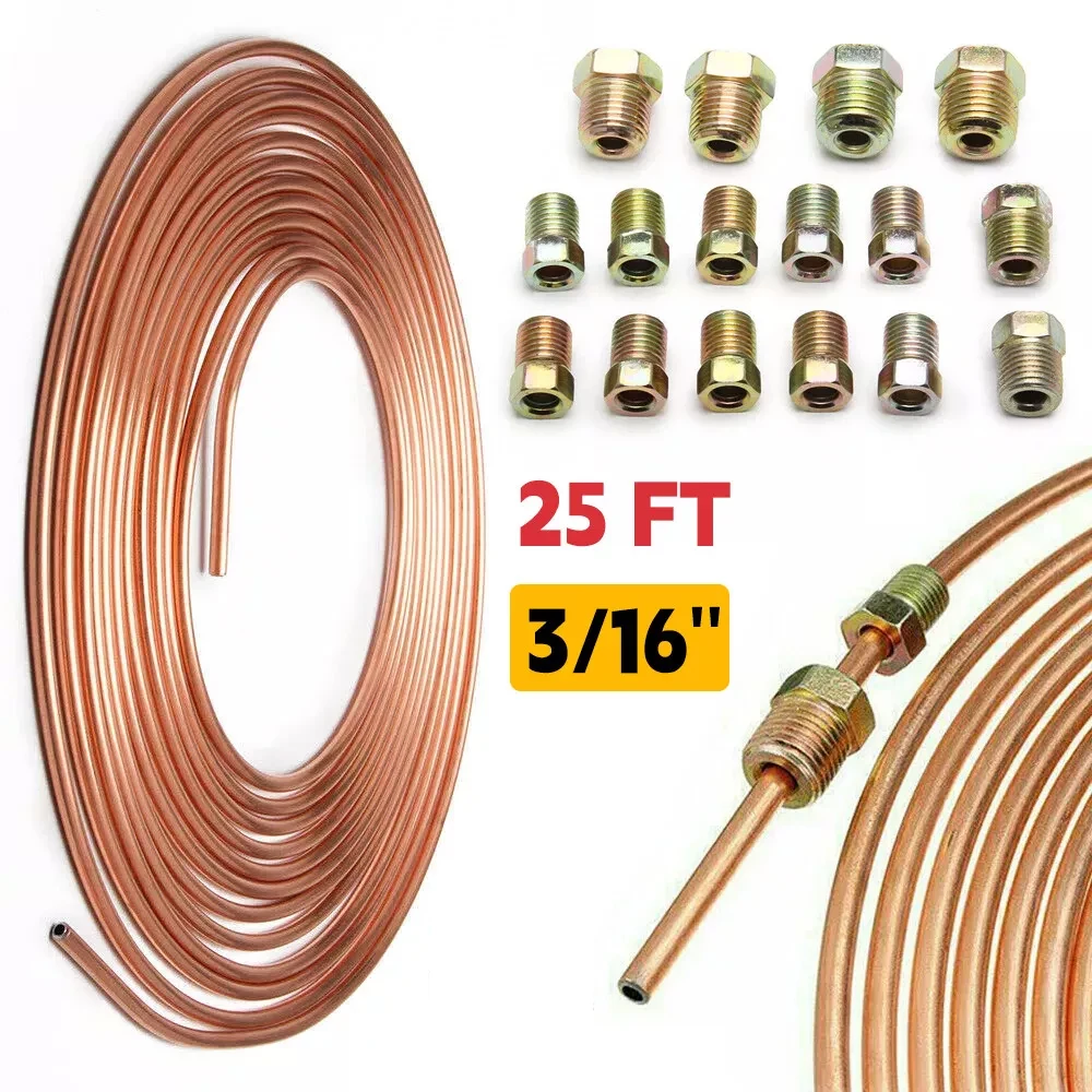 Brake Pipe Hose 25ft 7.62m Car Roll Tube Coil 3/16" OD Copper Brake Pipe Hose with 16PCS Nuts