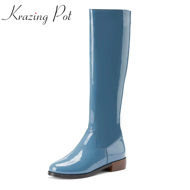 

Krazing Pot Winter New Arrival Big Size Riding Boots Cow Patent Leather Round Toe Med Heel Fashion Solid Thigh High Boots L68