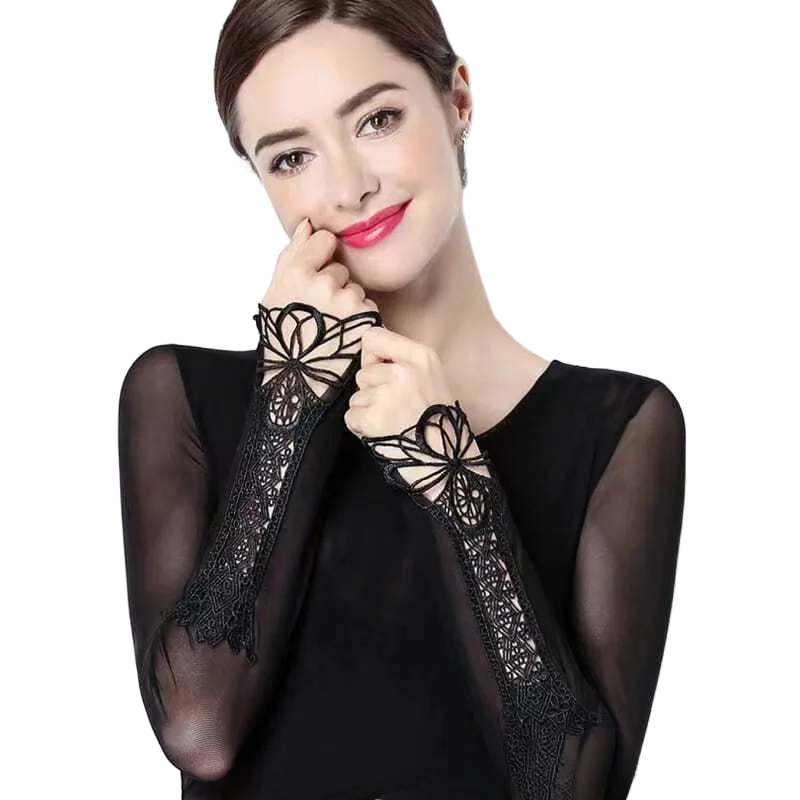 

Women's Black Mesh T-shirt Lace Embroidered Oversleeve Long-Sleeved Top Sexy See-through Foreign Trade Large Size Wholesale