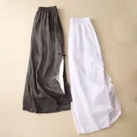 Gray Cotton Linen Casual Elastic High Waist With Lining Women's Pants Wide Leg Ankle-Length Pants For Women Clothing Fashion - Image 3