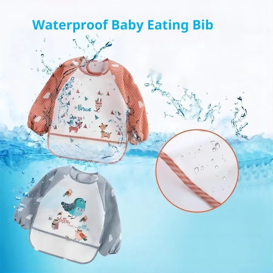 Baby Bib Waterproof Eating Smock Infant Toddler Cartoon Long Sleeve Art Apron 1Pcs