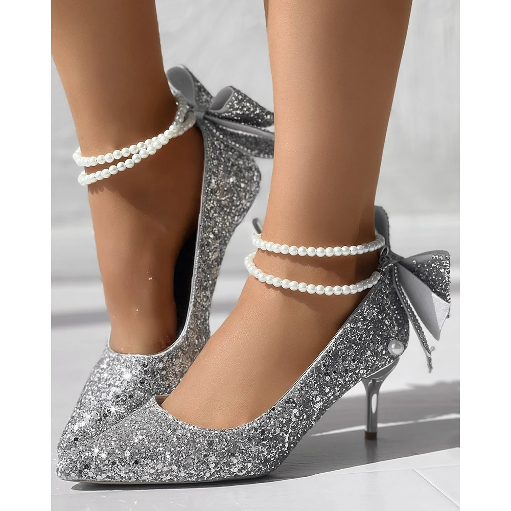 Women Sequin Bling Pointed Toe Beaded Bowknot Decor Pumps Autumn Daily Casual Thin Heel Shoes 2024 Korean Style Spring Autumn