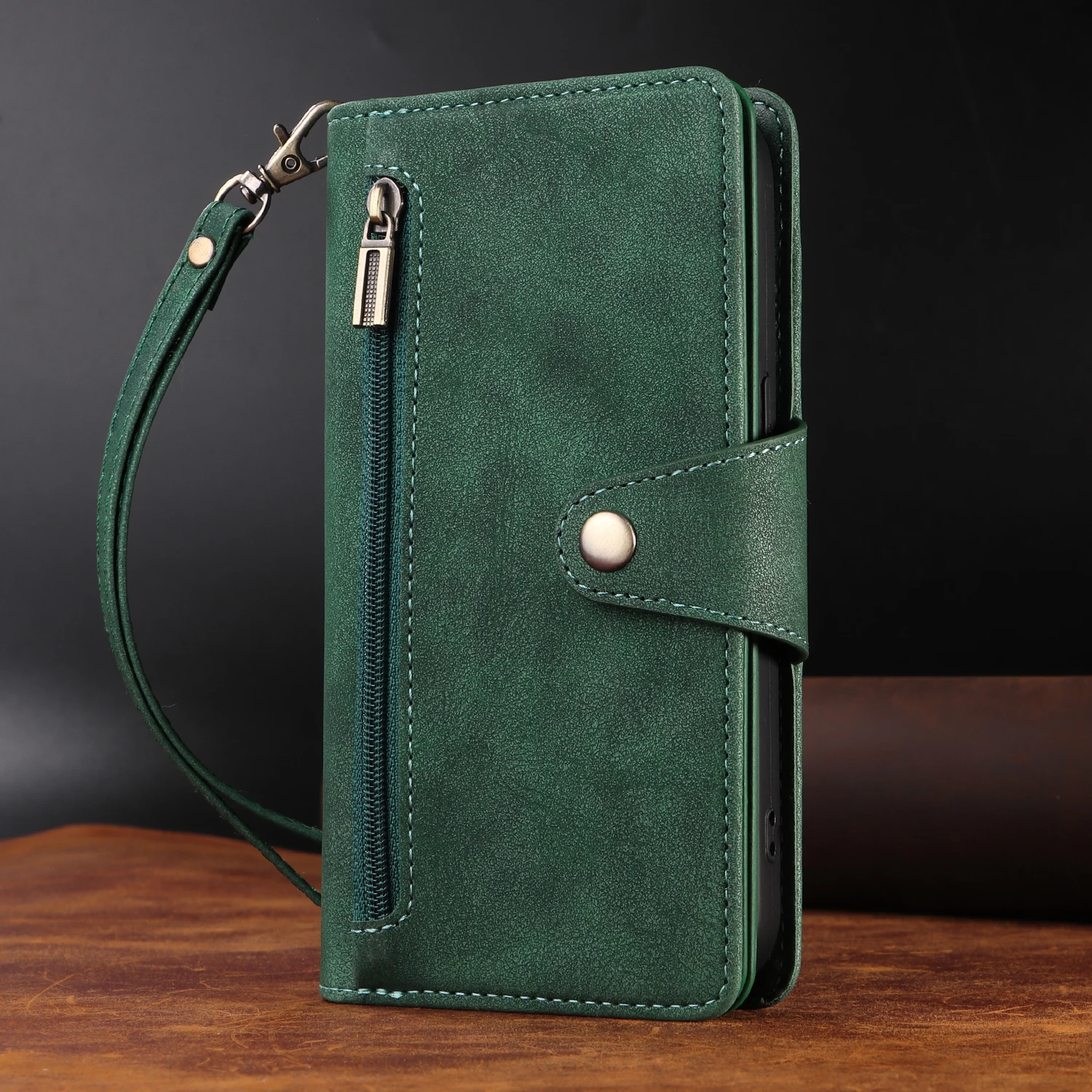 Universal Multi-Card Leather Wallet Case with Zipper, Kickstand, and Magnetic Closure