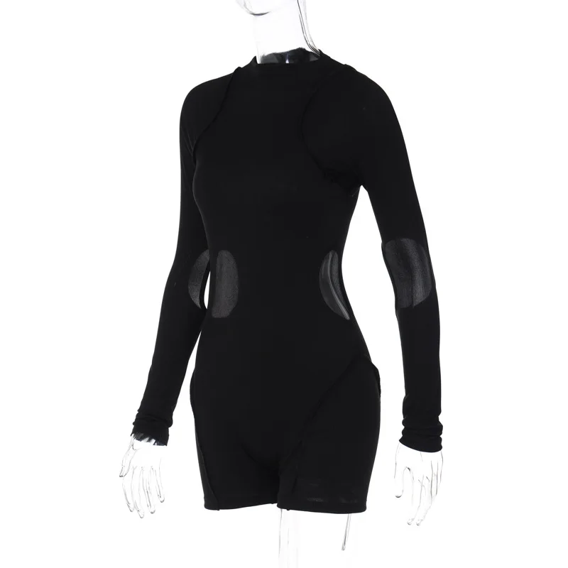 BKLD 2022 Winter New Jumpsuit Women Shorts Solid Color Long Sleeve Hollow Out Skinny Fitness Romper Playsuits Black One Pieces