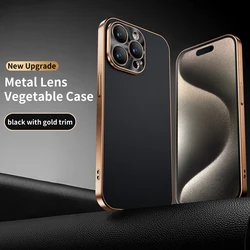 Luxury Plating Border Solid Color Leather Shockproof Phone Case - Bumper Back Cover - iPhone 15 (Black Gold)