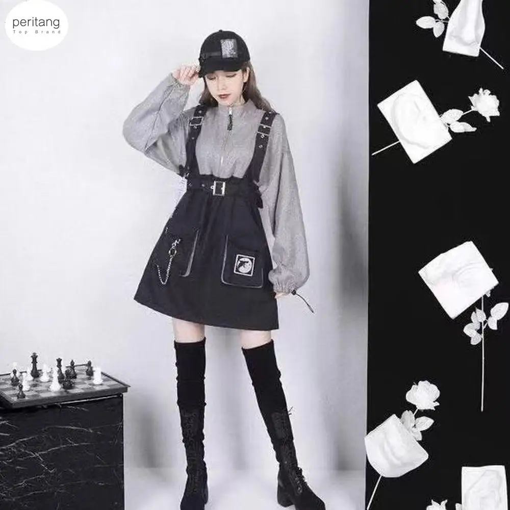 

Vintage Women Gothic Punk Lolita Casual High Waist Long Sleeve Hat Collar Sexy Gry Black Girls Mini Gothic Clothes Female Dress